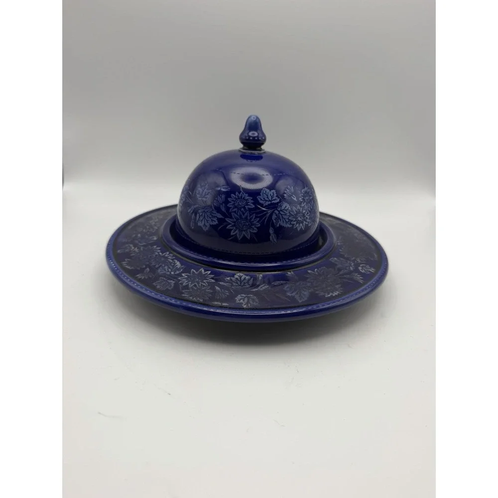 Antique Wedgwood Cobalt Blue Covered Cheese Dish Floral Jasperware England